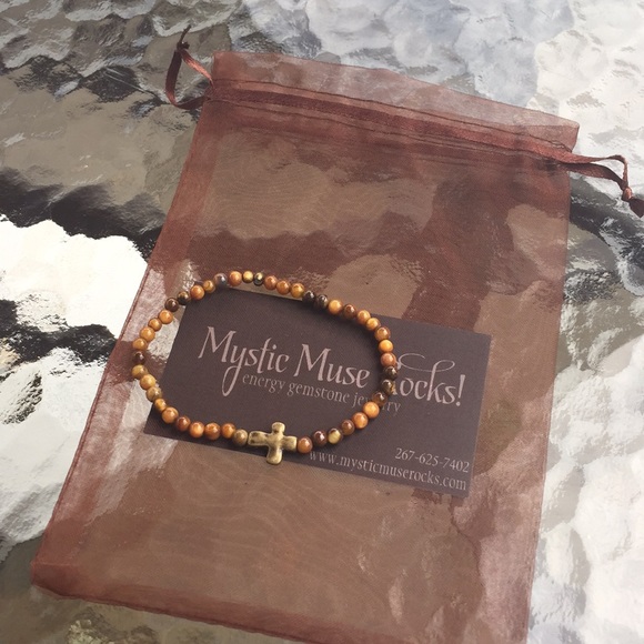 4mm Tigers Eye w cross 7.25l” bracelet small beads - Picture 3 of 3